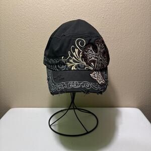 Vintage y2k original leader distressed black cadet hat with rhinestone cross
